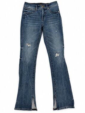 Express Skyscraper Mid Rise Distressed Flare Jeans Size 4R Split Hem